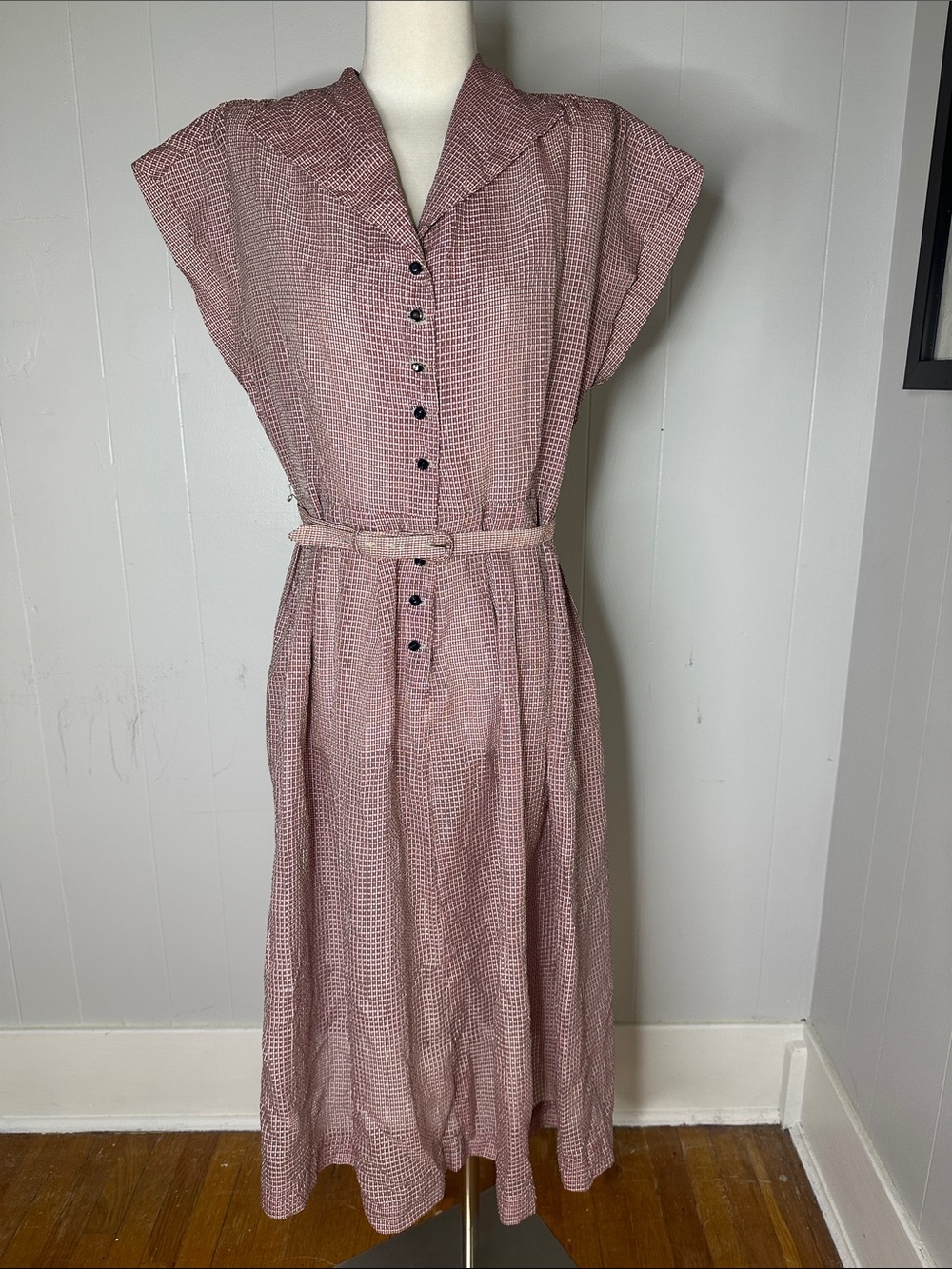 Vintage 1940s Micro Check MIDI Day Dress